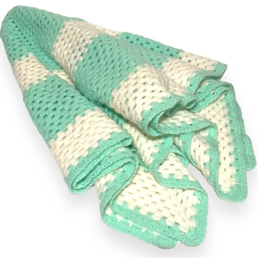 Handmade Crocheted Baby Blanket 40x40 Mint‎ Green White Cream Afghan